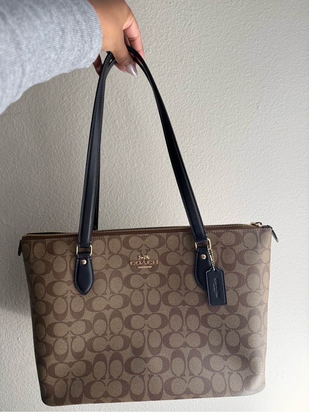 Coach Brown Signature Canvas Tote with Black Leather Handles